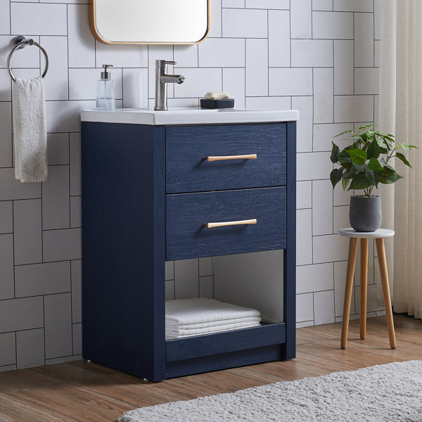 Ufaucet 24'' Blue Modern Free-standing Gold Handle Single Bathroom Vanity with Ceramic Vanity ...